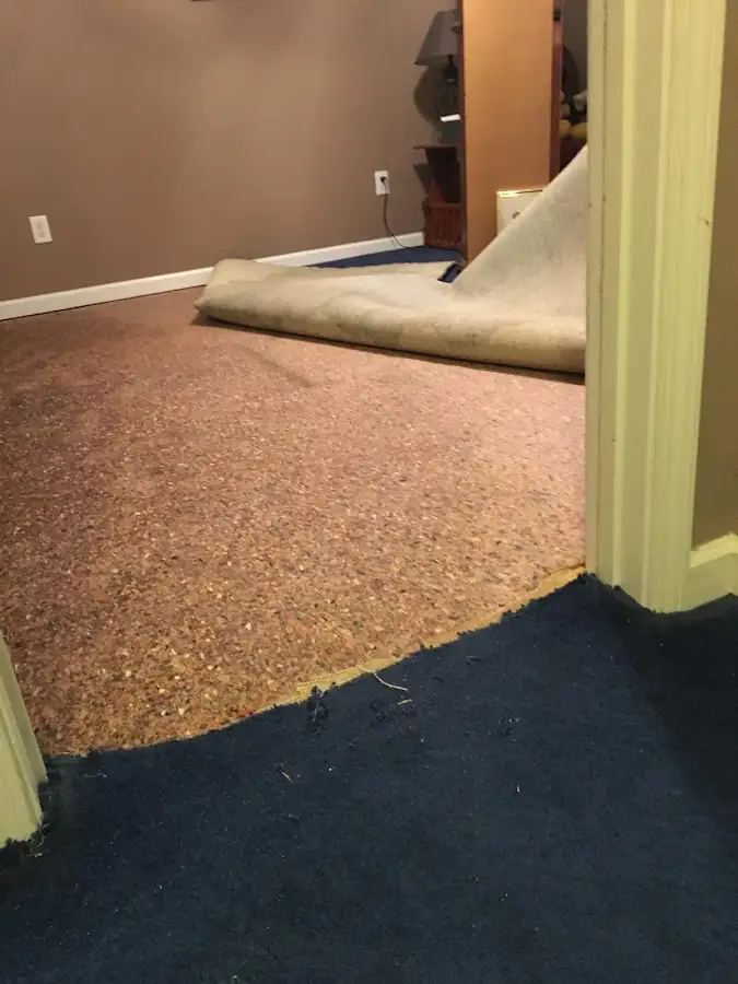 Carpet pad removal revealing water damage during Water Mitigation Services in Tenafly
